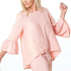 Bryn Walker Fran Top Women XL 100% Linen High Low 3/4 Ruffle Bell Sleeves Blouse